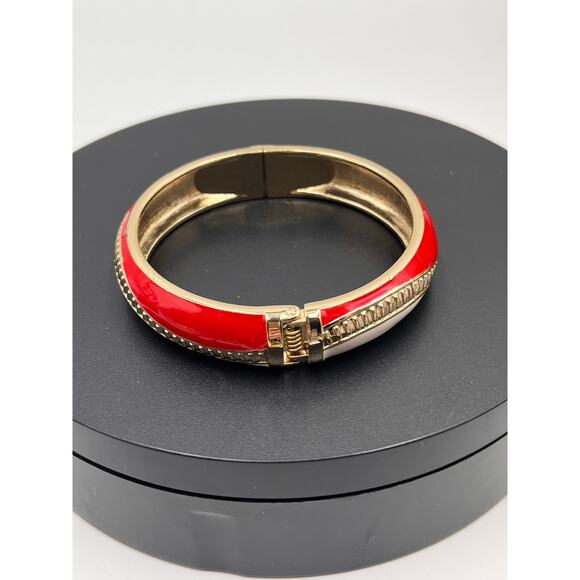 Kirks Folly Signed Red Cream Enamel Rhinestone Hinged Bangle Bracelet - Picture 1 of 5